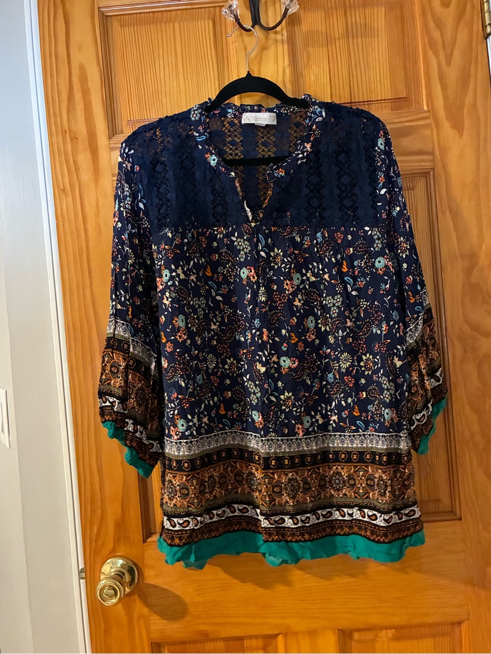 Suzanne Betro Navy Floral Lace-Yoke Blouse with Teal Trim